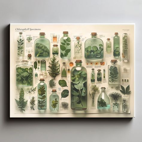 Bring the beauty and intricacy of botanical science into your space with this "Chlorophyll Specimens" canvas art, showcasing a curated collection of plant samples preserved in glass vials. This stunning AI enhanced artwork combines the elegance of nature with the precision of scientific study, making it an ideal piece for plant enthusiasts, botanists, and anyone with an appreciation for the natural world. Crafted with high-quality materials, the canvas presents a diverse array of chlorophyll-rich plants, each meticulously detailed and labeled, providing a fascinating glimpse into the world of plant biology. The soft green hues and clean design create a visually soothing effect, perfect for enhancing the decor of any room, whether it's a home, office, or creative workspace. Ideal for those Halloween Science Decor, Plant Magazine Design, Botanical Office Decor, Scientific Decor, Plants Study, Science Room Decor, Botany Aesthetic, Botany Study, Wall Art Plants