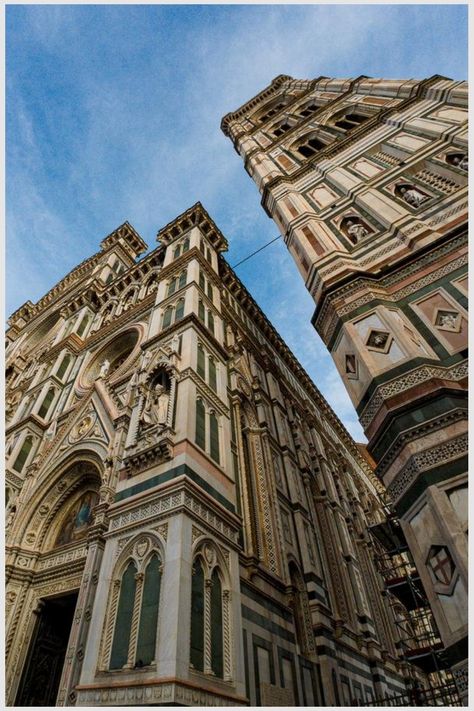 Low-angle view of the ornately decorated facade and campanile of Florence Cathedral under a clear blue sky. Italian Gothic, Outdoor Adventure Gear, Bell Tower, Minimalist Travel, Summer Road Trip, Gothic Architecture, Most Beautiful Cities, Destin Beach, Trip Ideas