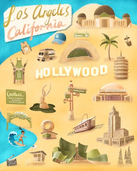 Landmarks Illustration, Tissue Art, La Brea Tar Pits, Chinese Theater, Illustrated Poster, Lakers Jersey, Walt Disney Concert Hall, Lifeguard Tower, Hollywood Bowl