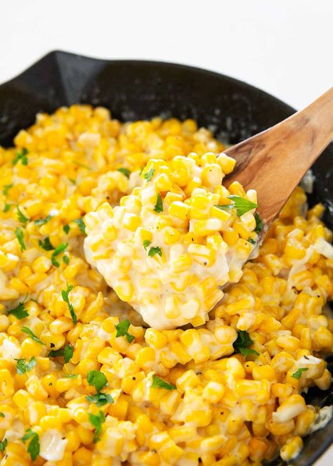 Quick and easy creamed corn is made with frozen sweet corn simmered in a rich and creamy sauce. Simple ingredients make it easy to ditch the can and make this homemade! Parmesan Creamed Corn, Canned Cream Corn Recipe Easy, Spicy Cream Corn Recipe, Creamed Corn Au Gratin, Healthy Creamed Corn, Old Fashioned Cream Corn, How To Make Creamed Corn, Easy Sweet Corn Recipes, Corn Recipes Side Dishes Easy