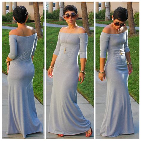 I Would make this with straps over the shoulders and use a lovely navy blue fabric. Or eggplant purple... Sleeve Long Dress, Grey Maxi, Maxi Jersey Dress, Bodycon Maxi Dresses, Maxi Styles, Grey Dress, Elegantes Outfit, Evening Party Dress, Mode Inspiration