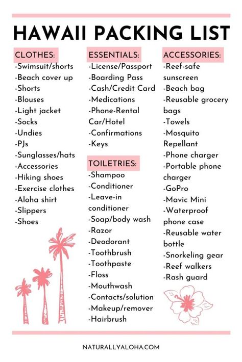 The Ultimate Hawaii Packing List - Naturally Aloha Hawaii Bucket List Honolulu, Outfits To Hawaii, Hawaiian Vacation Packing List, Hawaii Packing Aesthetic, Travel To Hawaii Packing Lists, What To Take To Hawaii Travel Tips, Travel Essentials Hawaii, 10 Day Hawaii Packing List, Maui Hawaii Packing List