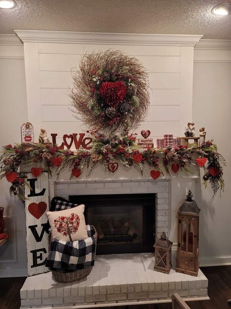 Valentine Mantle Decor, Black Mantle Fireplace, Black Tile Fireplace, Painting Brick, Black Mantle, Farmhouse Fireplace Decor, Fireplace Black, Mantle Fireplace, Flowers For Valentines Day