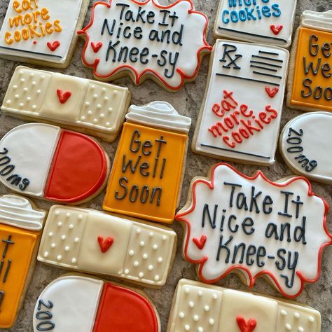 Settlers Lane Sweets on Instagram: “These cookies were a “knee-sy” choice to treat someone recovering from knee surgery. #getwellsoon #settlerslanesweets #sugarcookies…” Get Well Cookies Royal Icing, Get Well Soon Cookies Decorated, Knee Replacement Recovery Gifts, Get Well Cookies Decorated, Knee Puns, Knee Surgery Care Package, Surgery Cookies, Get Well Soon Cookies, Get Well Cookies