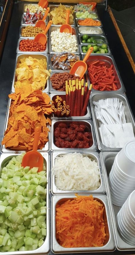 Birthday Party Food Mexican, Food Ideas For Mexican Theme Party, Snacks With Chamoy, Chip Party Display, Chamoy Bar Dessert Tables, Elegant Wedding Food Stations Dessert Tables, Snack Table Ideas Party Mexican, Quince Food Ideas Mexican, Tostilocos Table Party Ideas