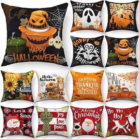 PRICES MAY VARY. Linen Fabric Ample Quantity: you will get 12 festive pillowcases, with 3 holiday themes to choose from, namely Thanksgiving, Halloween, and Christmas, and 4 styles for each theme; Each pillow case has a pattern design corresponding to the festival, which can easily cater to the holiday theme, and the quantity is sufficient for you to use and share (the pillow core is not included in the package) Comfortable and Durable Pillowcases: Thanksgiving, Halloween, and Christmas pillowca Holiday Pillow Covers, Holiday Pillows Covers, Halloween Pillows Covers, Holiday Pillow, Sofa Bed Decor, Halloween Pillow, Pumpkin Truck, Christmas Pillowcases, Holiday Theme