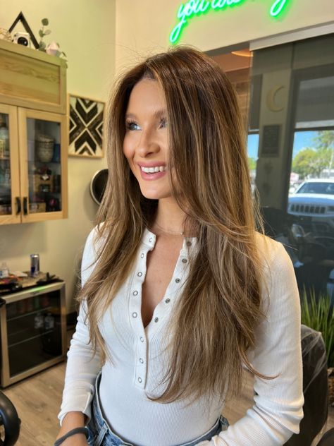 Level 6 Hair Color With Highlights, Level 6 Hair Color, Hair Color Golden, Hair Lowlights, Lived In Hair, Layers Haircut, Hair Lookbook, Reverse Balayage, Warm Balayage