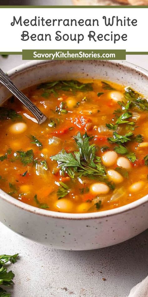 Craving a comforting dish that’s both flavorful and nutritious? Our Mediterranean White Bean Soup Recipe is filled with wholesome beans and vibrant herbs! Save this delicious recipe for your next Mediterranean dinner idea, and bring a taste of the Mediterranean to your table. Your taste buds will thank you! Mediterranean Bean Dishes, White Navy Beans Recipes, Bean Recipes Mediterranean, Savory Healthy Dinner, Mediterranean Beans Recipe, Lentil Mediterranean Recipes, Gf Mediterranean Recipes, Bland Diet Dinner Recipes, Mediterranean White Beans