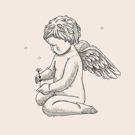 Free vector hand drawn baby angel drawin... | Free Vector #Freepik #freevector #angel #drawing #illustration #outline Baby Angel Drawing, Angel Drawing Easy, Angel Pics, Big Angel Wings, Angel Sketch, Illustration Outline, Angel Wings Drawing, Back Drawing, Wings Drawing