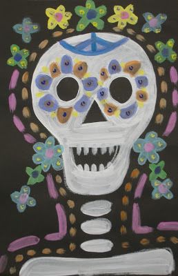 sugar skull art| Ms. Kristen-Crayon, additional Dia de los Muertos unit here: http://teacherlink.ed.usu.edu/tlresources/units/Byrnes-celebrations/Day.html Halloween Art Lessons, First Grade Art, Halloween Art Projects, Day Of Dead, 2nd Grade Art, Fall Art Projects, Day Of The Dead Art, 4th Grade Art, 3rd Grade Art