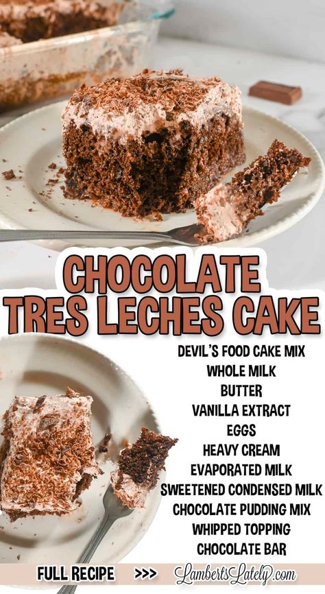 Make a Chocolate Tres Leches Cake with a boxed cake mix - it's easy and so delicious! Rich chocolate cake soaked in three milks, then topped with chocolate whipped cream and chocolate curls. Chocolate Tres Leches, Chocolate Tres Leches Cake, Doctored Cake Mix Recipes, Yummy Things To Bake, Box Cake Recipes, Tres Leches Cake Recipe, Devils Food Cake Mix Recipe, Leches Cake, Chilled Desserts