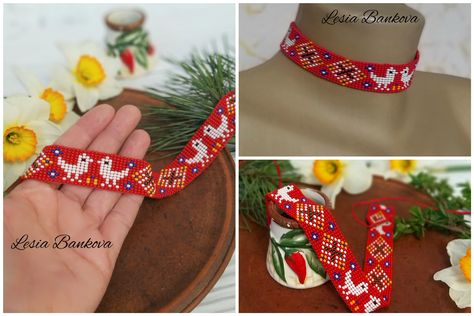 Ukrainian Beadwork, Ukrainian Necklace, Red Choker Necklace, Beaded Chocker, Red Choker, Traditional Necklace, Pony Bead Patterns, Bird Beads, Red Necklace