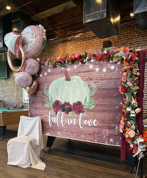 Fall in love backdrop Fall In Love Bridal Shower, Bridal Shower Backdrop, Bridal Shower Photos, Wedding Wishes, Love Photos, Fall Festival, Photo Backdrop, Wedding Shower, Engagement Party