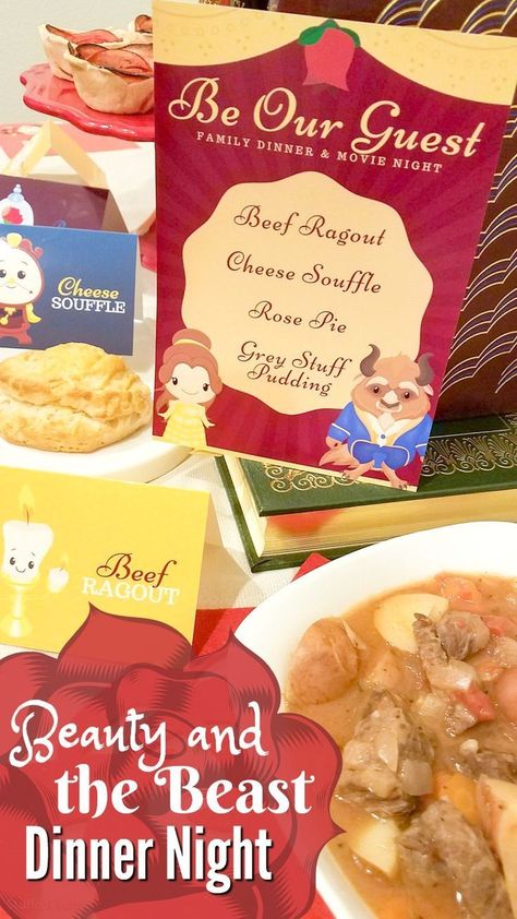 Movie Night Ideas Family, Disney Movie Night Ideas, Beauty And The Beast Dinner, Beauty And The Beast Family, Disney Movie Night Menu, Disney Themed Movie Night, Disney Movie Night Food, Disney Movie Night Dinner, Movie Night Ideas