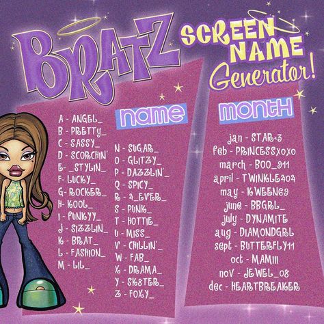 Bratz on Instagram: “But what’s your Bratz screen name tho? April babies we’re looking at you! 💘📟 #bratz” Usernames Para Instagram, Girly Aesthetics, Store Names Ideas, Username Generator, Usernames For Instagram, Group Names Ideas, Aesthetic Usernames, Instagram Username Ideas, Angel Posters