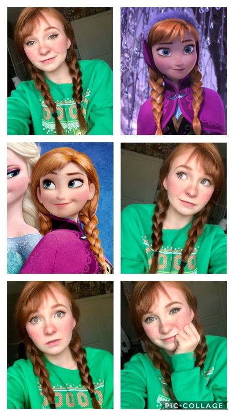 (Anna from Frozen) And if you want to see some more of my cosplay looks, I'm starting a board!! 🤍 Anna Makeup Frozen, Anna Frozen Hairstyle, Anna Frozen Cosplay, Frozen Broadway, Anna Makeup, Anna Cosplay, Anna From Frozen, Anna Hair, Frozen Cosplay