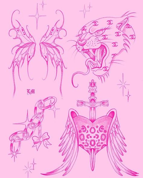 Baddie Tattoo Flash Sheet, Girly Traditional Tattoo Flash, Girly Leg Tattoos, Chicano Flash Art, Hot Pink Tattoo, Tattoo Branding, Tattoo Ideas Simple, Y2k Tattoo, Tattoo Apprenticeship