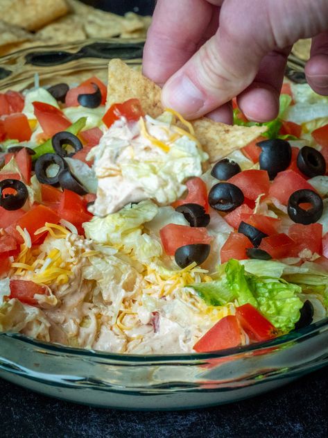 Ten-Minute Taco Dip?utm_source=12tomatoes Toco Dip Recipes, Cottage Cheese Dips, Dips And Spreads, Cheese Tacos, Mild Salsa, Crowd Pleasing Recipes, Taco Dip, 12 Tomatoes, Iceberg Lettuce