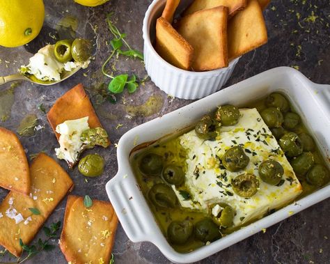 Castelvetrano Olives Recipe, Feta Appetizer, Olive Recipes Appetizers, Castelvetrano Olives, Feta Recipe, Baked Feta, Olive Recipes, Feta Recipes, Perfect Brunch