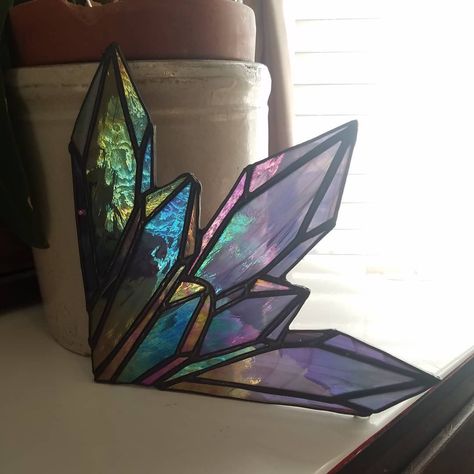 Stained Glass Crystal Cluster  CHECK OUT TheWildRenegade@etsy.com  #stainedglass #crystalcluster #crystals #feelgood #iridescent #purple… Stained Glass Crystal, Box Makeover, Random Crafts, Glass Diy, Iridescent Purple, Pokemon Wallpaper, Window Cling, Garden Art Sculptures Diy, Stained Glass Diy