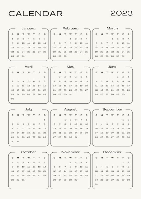 Neutral & Black Minimalist 2023 Calendar - Templates by Canva Simple Calendar, Study Planner Printable, Planner Review, Holiday Fonts, Minimalist Calendar, Note Writing Paper, Cute Calendar, Calendar 2023, 2023 Calendar