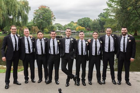 Tux Groom Suit Groomsmen, Black Vest Wedding Groomsmen, Black Suit Groom And Groomsmen, Groomsmen Attire Black And White, Black And White Groomsmen Attire, Groomsmen Suits Black, Groom Different From Groomsmen, White Groom Suit Black Groomsmen, White Tux Groom Black Tux Groomsmen