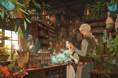 Magical Places Art, Magic Shop Concept Art, Witch Shop Art, Witch Shop Illustration, Fantasy Kitchen Art, Fantasy Kitchen Concept Art, Potion Maker Character Design, Fantasy Shop Art, Witch Room Drawing