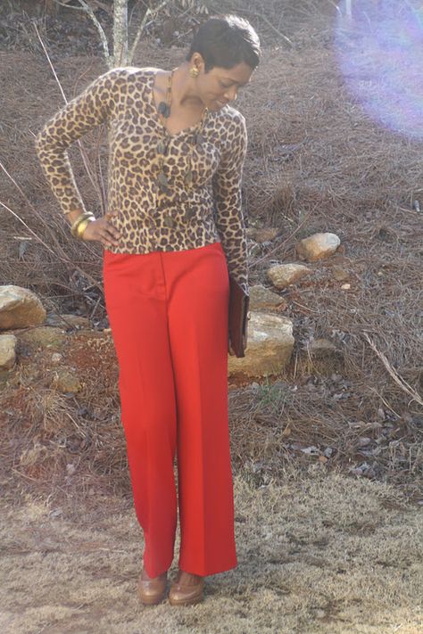 red pants and leopard Leopard Belt Outfit, Rust Pants, Leopard Belt, Belt Outfit, Red Pants, What I Wore, Curvy Fashion, Lady In Red, Thrift Store