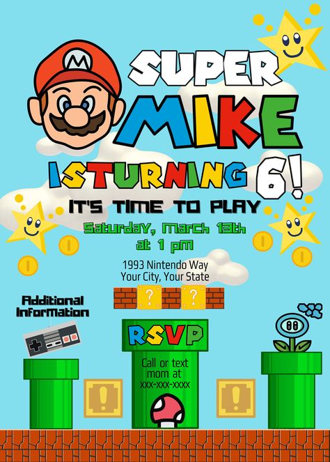 Invitation Layout, Kids Birthday Themes, Video Games Nintendo, Superhero Birthday, Digital Invitation, Printed Invitations, Birthday Boy, Photo Lab, Digital Invitations