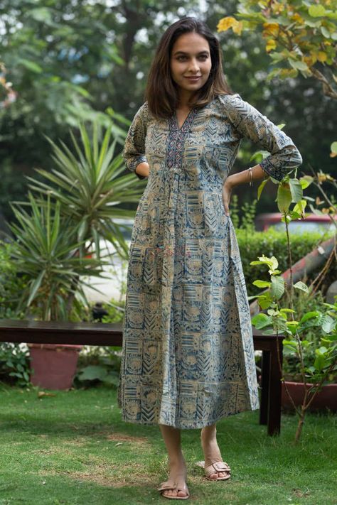 kessa-ws666-kalamkari-neela-a-line-kurta-1-look-1 Cotton Kalamkari Kurtis, Kalamkari Kurta Designs Women, A Line Kurta Designs, Kalamkari Suit Designs, Kalidar Kurta Pattern, Kantha Kurta, Kalamkari Kurta Designs, Kalamkari Kurtis, Kalamkari Kurti