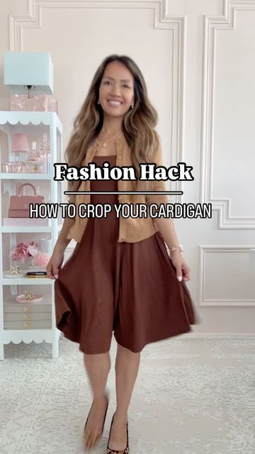 Annie Mai Thai on Instagram: "Fashion hack: how to crop your cardigan   Comment CROP below to receive a DM with the link to shop this post!  https://liketk.it/4Tyte #howto #ltkvideo #ltkunder50 #ltkstyletip #howtocropcardigan #petitefashion" How To Crop A Button Up Sweater, How To Crop A Cardigan Hack, Crop Cardigan Hack, Cropped Cardigan Over Dress, How To Crop A Cardigan, How To Crop A Sweater, Cardigan Hacks, Ways To Wear A Cardigan, Cardigan Over Dress