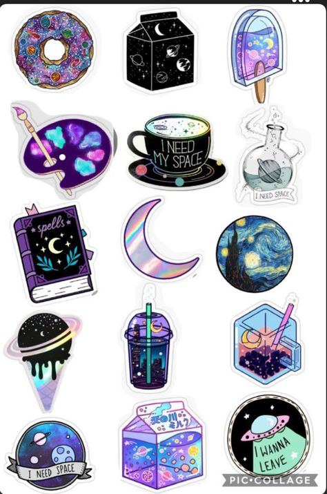 Galaxy Printable Stickers, Galaxy Stickers Aesthetic, Galaxy Stickers Printable, Sticker Art Ideas, Food Sticker Design, Cute Sticker Designs, Packaging Sticker Design, Galaxy Journal, Galaxy Stickers