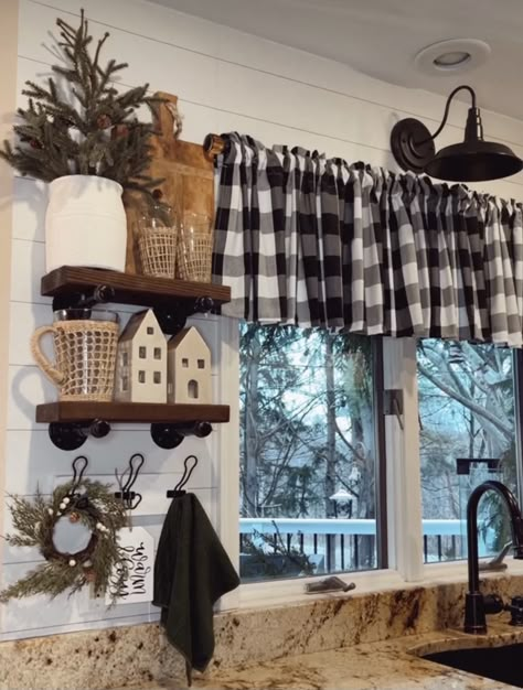 Cabin Themed Living Room, Farmhouse Kitchen Window Decor, Buffalo Plaid Kitchen, Farm Decorations, Farm Style House, Farmhouse Kitchen Inspiration, Manufactured Home Remodel, Window Curtains Living Room, Diy Kitchen Renovation