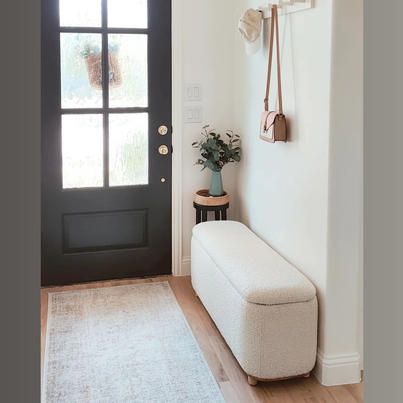 Article - Our #MariboOttoman is giving nothing but warm... Big Entryway, Scandinavian Entryway, Bedroom Bench Modern, Boucle Bench, Entryway Narrow, Living Colors, Narrow Entryway, Fabric Storage Ottoman, Entryway Inspiration