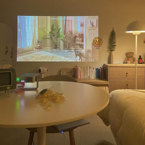 Living Room Projector Wall, Projector Window, Projector Screen Living Room, Room Projector, Projector Wall, French Girly, Dream House Bedroom, Living Room Aesthetic, Fake Window