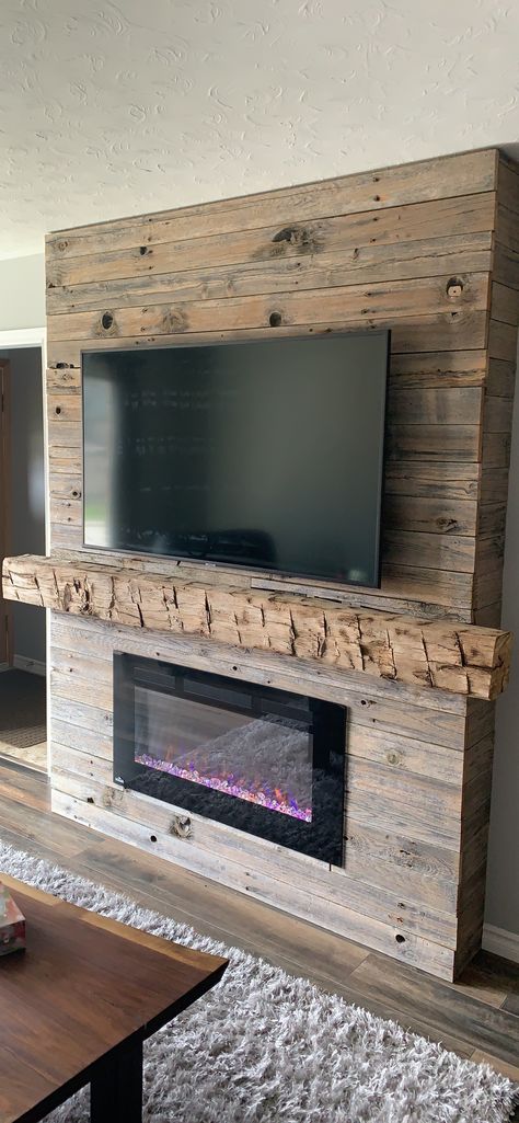 Fireplace Tv Wall Barnwood, Pallet Wall Fireplace, Fireplace Tv Wall Rustic, Electric Fireplace Pallet Wall, Rec Room Fireplace Ideas, Pallet Wall Fireplace Ideas, Pallet Wall With Fireplace And Tv, Ventless Electric Fireplace Insert, Rustic Chimney Ideas