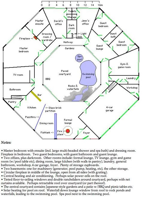 Main Floor Plan image of The Octagon House Plan The only problem is one missing bathroom door! Octagonal House Floor Plans, Octogon House Plans, Sacred Geometry House Plans, Octagon House Plans, Tiny Homes, Round House Plans, Octagon House, Dome Home, Courtyard House Plans