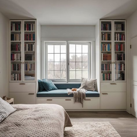 Seat Window Bedroom, Bookshelf Window Wall, Window Seat Shelves, Window Seat Book Nook, Book Shelves Around Window, Built In Window Seat And Shelves, Window Seating Design, Built In Shelves Around Window, Bookshelf Around Window