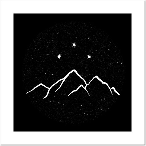 Illustration of the Night Court insignia: a mountain with three stars on top. The design is hand drawn in white on a black background of stars and galaxies. Inspired by the "A Court of Thorns and Roses" series by Sarah J. Maas. This is also a tattoo that the protagonist Rhysand has on his knees. Other books in the series are A Court of Mist and Fury, A Court of Wings and Ruin and A Court of Frost and Starlight. The next upcoming book A Court of Silver Flames will be out in February 2021. -- Choo A Court Of Thorns And Roses Drawing, Night Court Sigil, Night Court Tattoo Simple, Night Court Mountains, Acotar Black And White, City Of Starlight Tattoo, Court Of Dreams Tattoo, A Court Of Silver Flames Tattoo, Acotar Painting Ideas