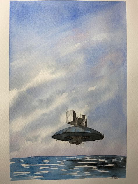 Sci Fi Watercolor, Sci Fi Landscape, Water Sea, Landscape Watercolor, Floating House, Art Style Inspiration, Watercolor Paint, Book Ideas, Watercolor Painting