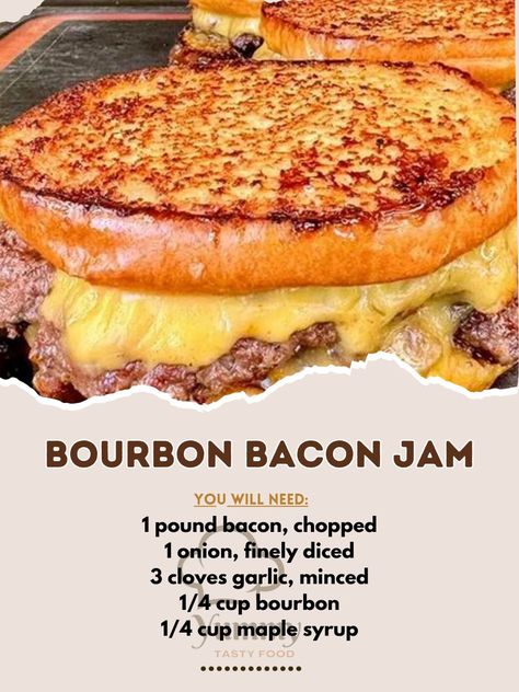 🥓 Indulge in the rich, savory Bourbon Bacon Jam! #FlavorExplosion #BaconLovers 🍽️ Bourbon Bacon Jam 🛒 Ingredients: 1 lb bacon, chopped 1 large onion, diced 3 cloves garlic, minced 1/4 cup brown sugar 1/4 cup maple syrup 1/4 cup bourbon 1/4 cup apple cider vinegar 1/2 tsp black pepper 👩‍🍳 Instructions: Cook Bacon: In a large skillet, cook bacon until crispy. Remove and set aside. Sauté Veggies: In the same skillet, sauté onions and garlic until caramelized. Combine Ingredients: Add brown s... Bacon Sauce, Bacon Jam, Sauteed Veggies, Saute Onions, Bacon Recipes, Food Truck, Finger Foods, Cooking And Baking, Jam