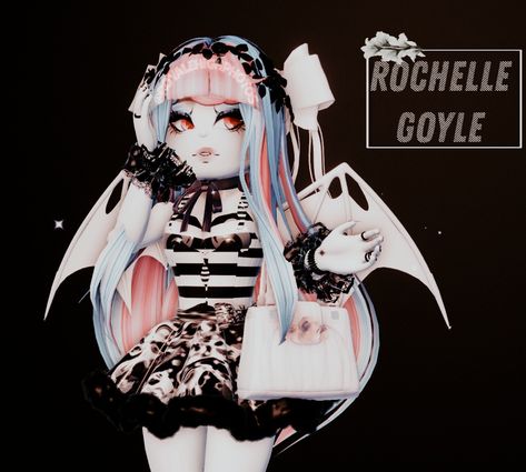 Royale high cosplay Rochelle Goyle Royale High, Living Doll Royal High, Royal High Outfits Monster High, Scarecrow Royale High, Monster High Rh Outfits, Villain Royale High, Royal High Monster High, Black And White Royale High, Royale High Cosplay Outfits