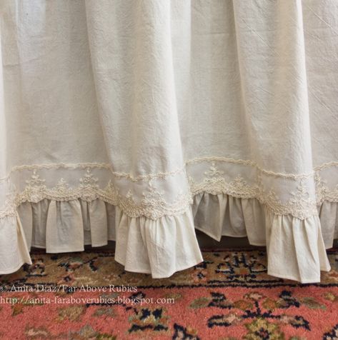 Muslin and lace sink skirt and cafe curtains - Whispering Pines Homestead Kitchen Curtains Diy, Shabby Chic Kitchen Curtains, Diy Sink, Cafe Curtains Kitchen, Do It Yourself Decoration, Above Rubies, Sink Skirt, Curtains Diy, Dining Table With Leaf