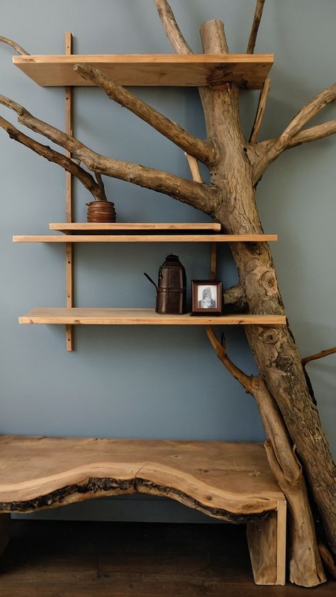 Transform your bedroom into a stylish grunge room with DIY Tree Branch Shelves Learn how to create unique floating plant wall shelving using corner wall brackets with our step-by-step tutorials Add a touch of nature to your space with these rustic tree branch shelves How To Display Willow Tree Figurines, Tree Branch Shelf, Branch Shelves, Diy Tree Branch, Branch Shelf, Old Bookshelves, Old Bookcase, Wall Shelving, Book Tree