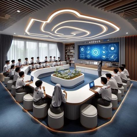 Classroom Futuristic, Dream School Building, Company Building Interior, Future School Design, School Futuristic, Futuristic Classroom, Futuristic Office Interior, Technology House, Futuristic School