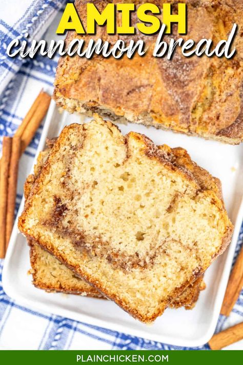 Amish Cinnamon Bread Recipe— a super easy quick bread with no yeast, no kneading, and no starter needed! It's perfectly soft, moist, and swirled with just the right amount of cinnamon sweetness. Topped with a crumbly cinnamon-sugar crust, each bite is a melt-in-your-mouth experience. Perfect for breakfast with coffee, as an afternoon snack, or a sweet treat anytime. Almond Poppy Seed Bread, Amish Cinnamon Bread, Diy Bread, Cinnamon Bread Recipe, Amish Bread, Cinnamon Honey Butter, Cinnamon Swirl Bread, Strawberry Bread, Loaf Cakes