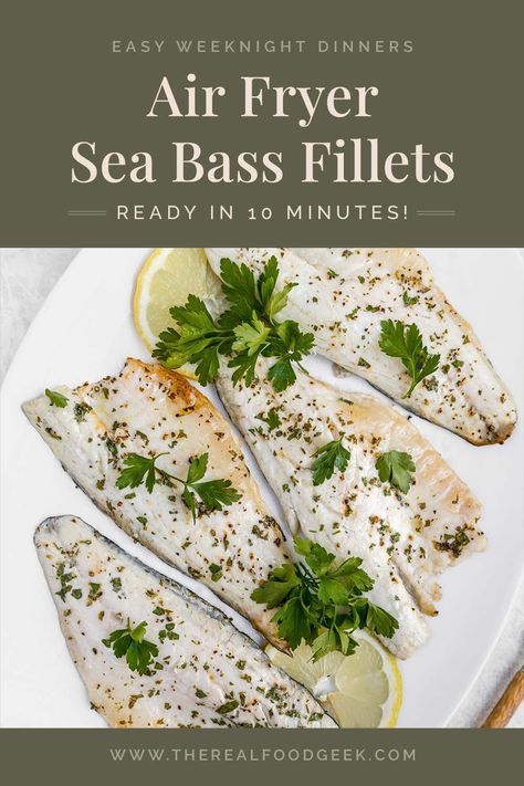 This simple Air Fryer Sea Bass recipe is made with four ingredients and is ready in under 10 minutes. You won't be able to resist its deliciously flakey flesh and golden, crispy skin. Ideal for quick weeknight dinners or as a standout dish for special occasions. Follow along for more healthy recipes! Air Fry Sea Bass Recipes, Sea Bass In Air Fryer, Air Fryer Chilean Sea Bass Recipe, Black Sea Bass Recipe Air Fryer, Basa Fillet Recipes Air Fryer, Swordfish In The Air Fryer, Cooking Sea Bass, Sea Bass Recipes, Cold Lunches