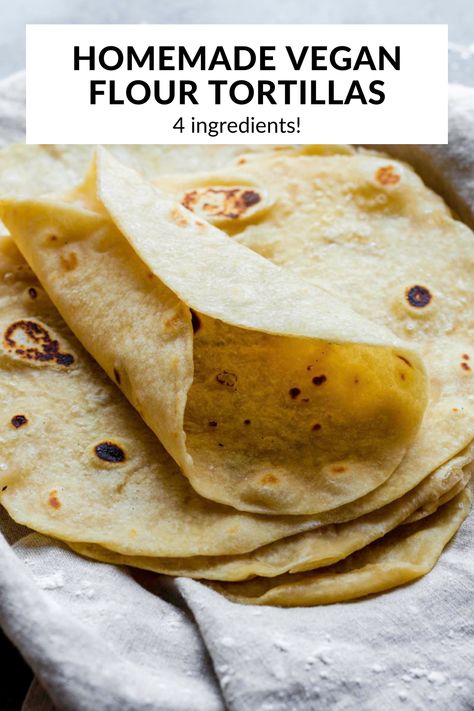 This Vegan Flour Tortilla Recipe is easy to make with just 4 basic ingredients! They turn out soft, fluffy, and bursting with flavor. Homemade flour tortillas are perfect for wraps, burritos, quesadillas, enchiladas, and more! Once you make your own tortillas, there is no going back! Vegan Flour, Vegan Tortillas, Vegan Tortilla, Homemade Flour, Recipes With Flour Tortillas, Homemade Corn Tortillas, Homemade Flour Tortillas, Whole Wheat Tortillas, Vegan Tacos