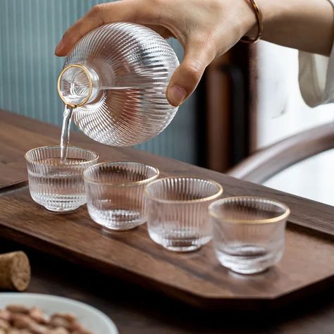 Ribbed Sake Drinking Set - Muji Inspired | Glasscias Bar Deco, Sake Bottle, Sake Cup, Sake Set, Japanese Sake, Wine Set, Drinking Set, Cup Set, Glass Texture