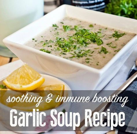 Garlic soup is immune boosting and hearty with broth, garlic, onions, and herbs with a lemon juice and fresh parsley garnish. Garlic Soup Recipe, Garlic Health Benefits, Garlic Benefits, Garlic Soup, Wellness Mama, Winter Soups, Creamy Soup, Healthy Soup, Fresh Parsley